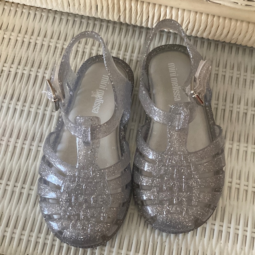 Mini Melissa Silver Jelly Sandals with Woven Design
